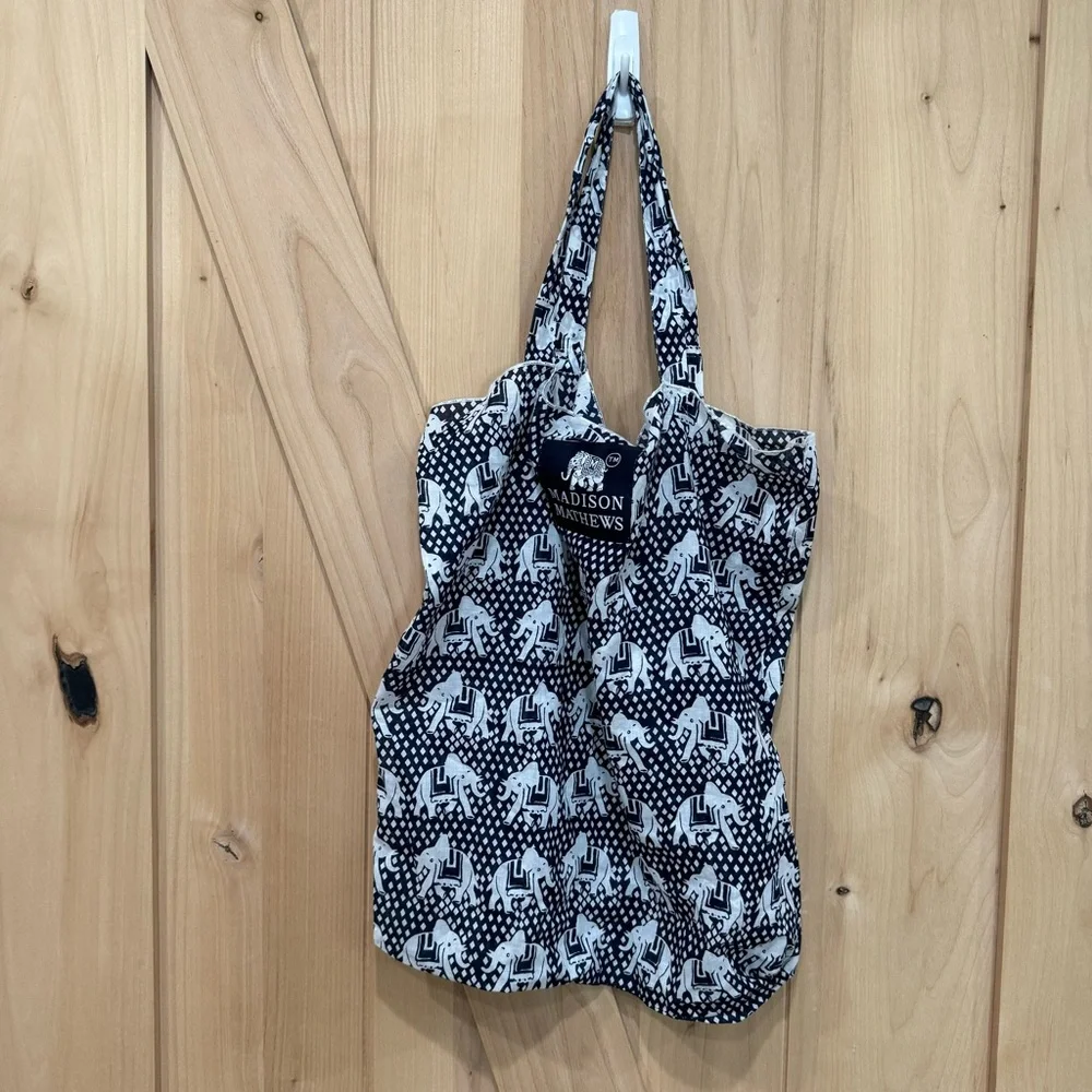 Madison Mathews Elephant Packable Tote Boho Bag Cloth Shoulder Bag Blue White